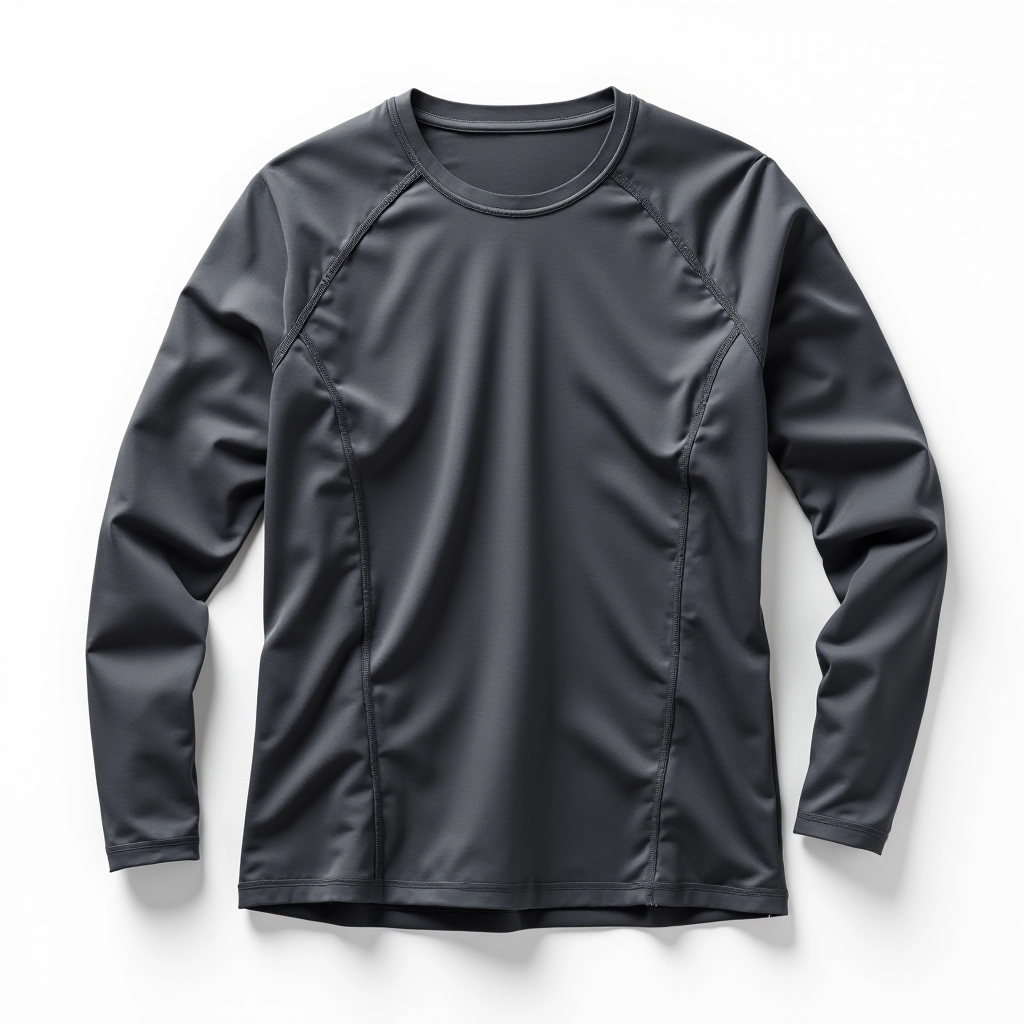 Charcoal grey training top displayed on white background, garment laid flat and centered, showing front view with clear detail of neckline and fabric texture