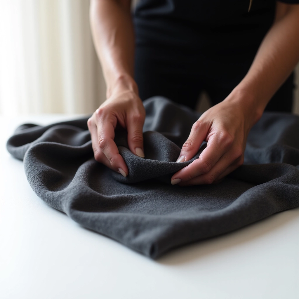 Hands carefully folding charcoal grey training top on clean white surface, demonstrating gentle fabric handling
