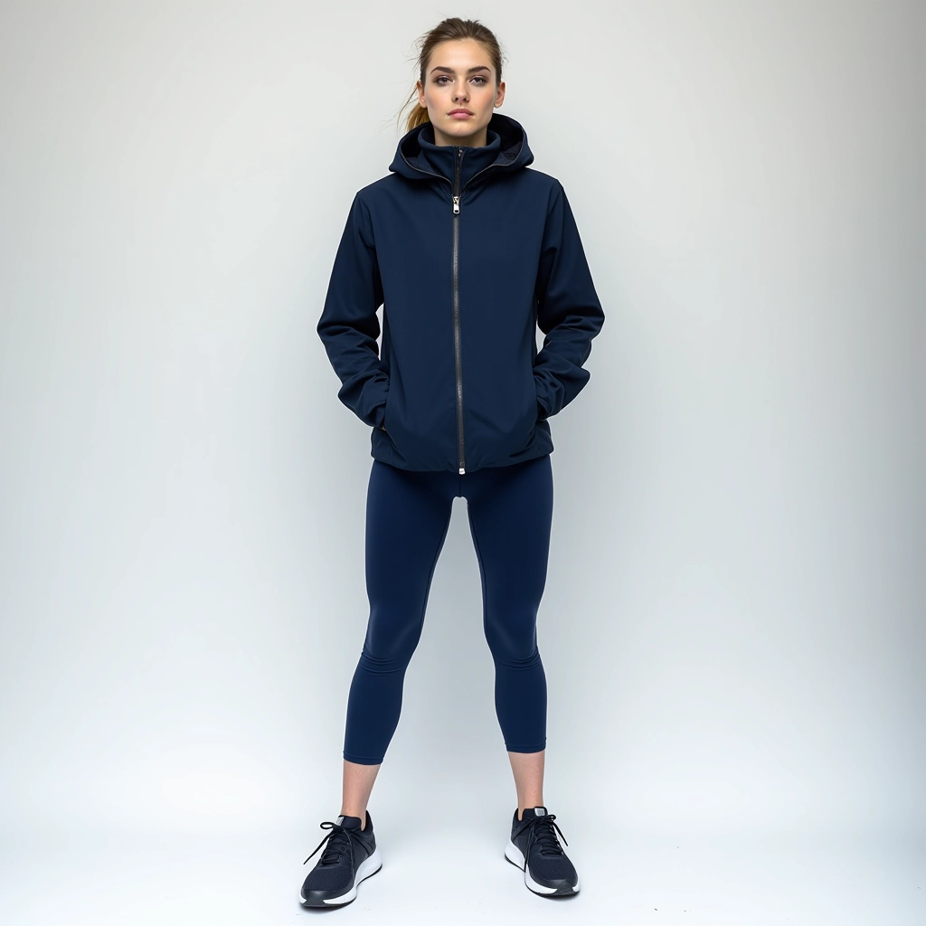 Runner in navy compression tights paired with winter running jacket, lifestyle shot on city street with morning light, authentic training wear styling
