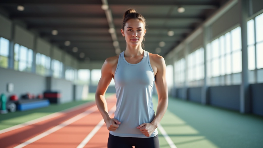Modern athletic training facility with running track and equipment setup, bright natural lighting, contemporary design