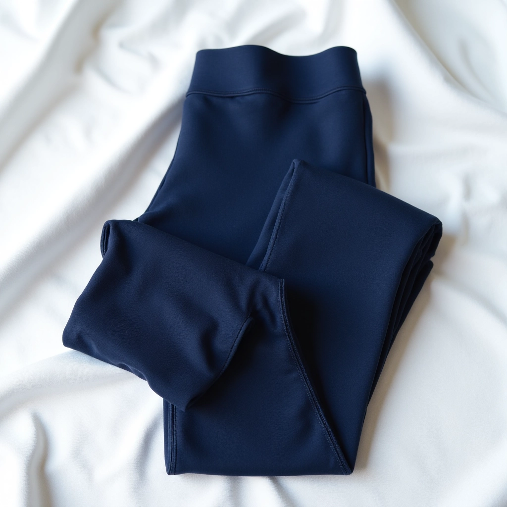 Neatly folded navy compression tights on white fabric background, care and storage visualization, clean product photography