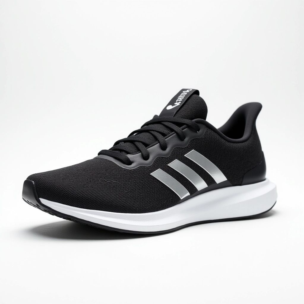 Professional product photography of black and silver running shoe centered on white background, shoe positioned at 45-degree angle showing side profile with mesh upper