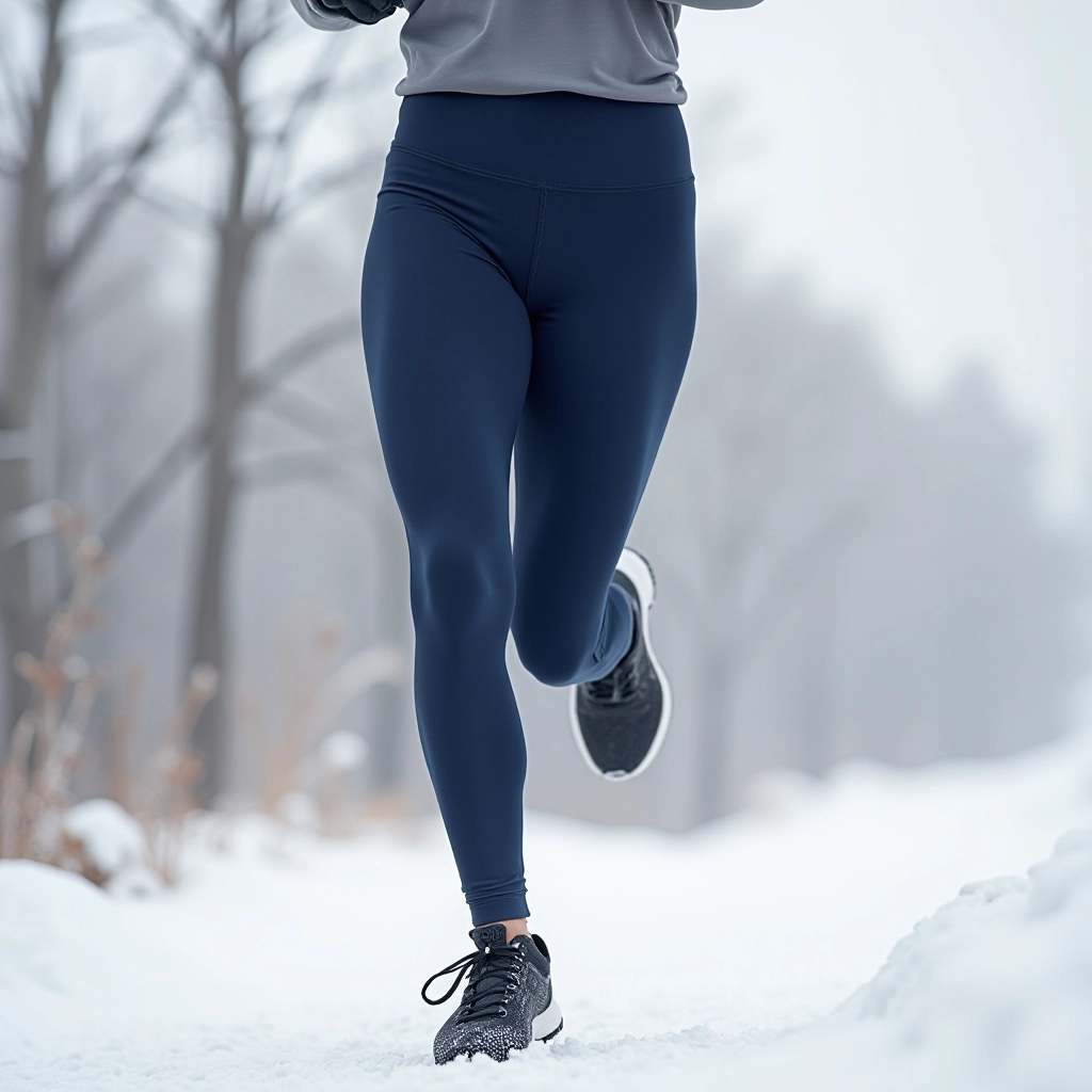 Runner wearing navy compression tights during winter trail run, frost-covered landscape, early morning light, action shot showing fabric movement and fit
